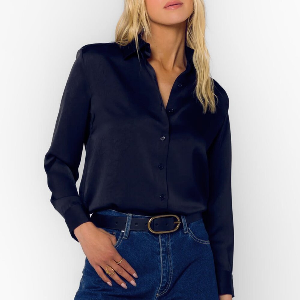 Velvet Heart Small Dark Navy Blue 100% Rayon Button Down Flowy Shirt Droptail S